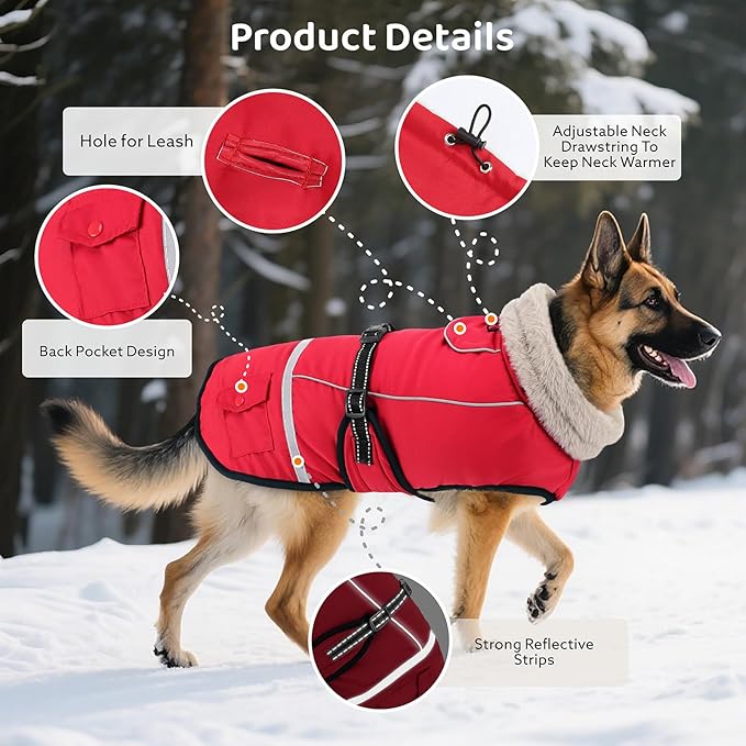 Dog Coat, Dog Winter Coat Jacket Waterproof for XL Large Dogs, Reflective Pet Vest Warm Fleece Cozy for Cold Weather, Dogs Snowsuit Windproof, Adjustable Buckle