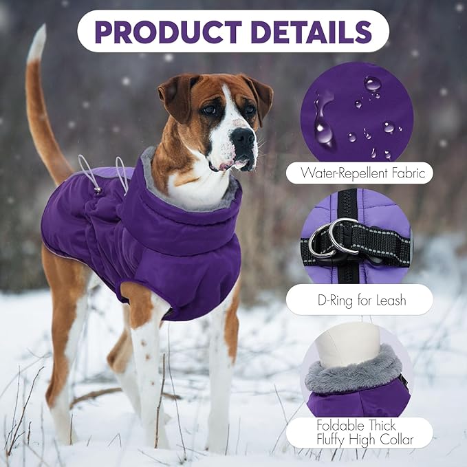 IDOMIK Warm Dog Coat with Harness, Waterproof Reflective Dog Jackets for Small Medium Large Dogs, Fleece High Collar Winter Jacket with Zipper, Pet Winter Snowsuit Clothes for Cold Weather,Purple XL