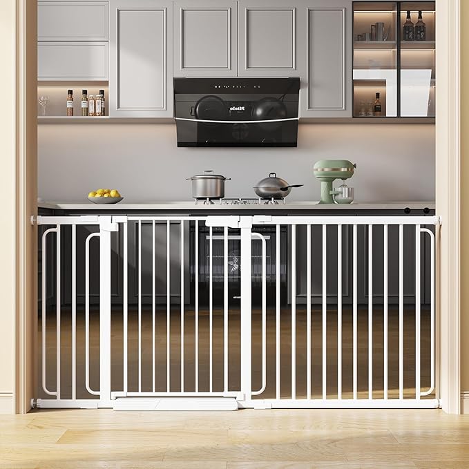 Extra Wide Baby Gate with Door 65.2-69.2 Inch Pressure Mounted, Auto Close Child Baby Gates for Doorways No Drill, Walk Through Dog Gate Indoor for The House, White
