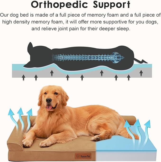 Orthopedic Dog Beds Large Sized Dog, Memory Foam Pet Bed for Medium and Large Dogs, Removable and Washable Microsuede Cover, TPU Waterproof Liner, Nonskid Bottom, 41x27x6 Inches, Khaki