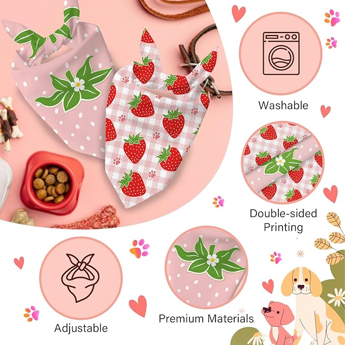 Strawberry Dog Bandanas 2 Pcs, Puppy Gifts, Pet Scarf for Dog Girl, Getting Merried Triangle Puppy Scarf Kerchief Bandana, Small Medium Pet Dogs On Engagement Party Decorations for Dogs Lovers