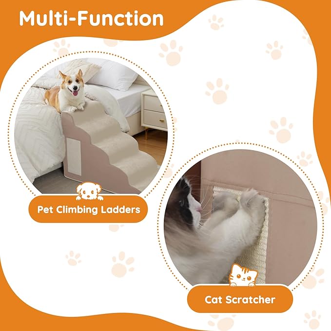 Dogs Steps for Bed, Dog Stairs for Small Dogs, 2-Step Dog Ramp for Bed, Couch, Sofa, and Chairs, Non-Slip Bottom Design, Cat Scratching, High Density Foam Portable Pet Step, Indoor, Beige