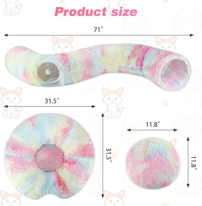 Plush Cat Tunnel Bed for Indoor Cats, Collapsible Cat Donut Tunnel with Central Mat, Fluffy Cats Cave Tube with Hanging Ball for Kitten Rabbit Puppy Ferret (Color)