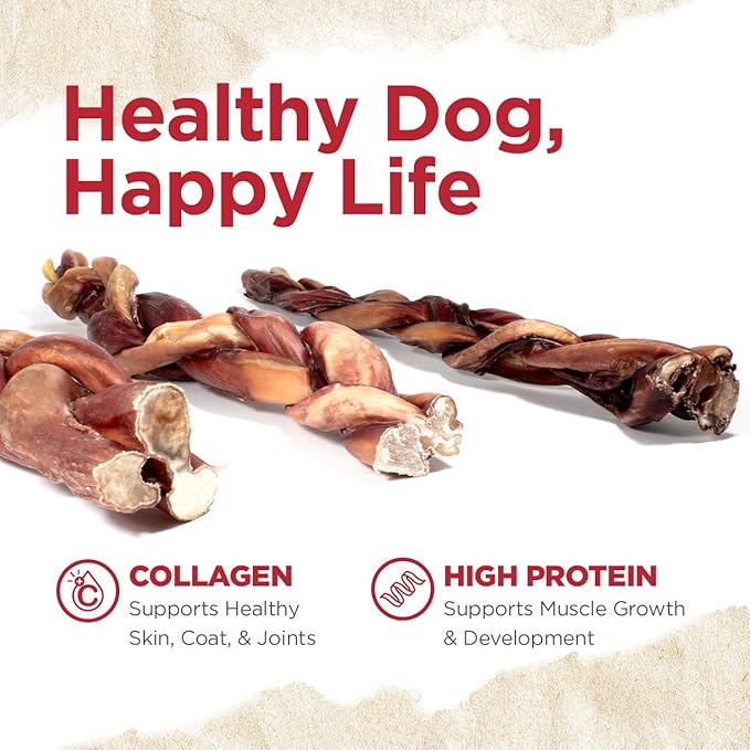 Natural Farm Braided Power Bully Sticks Dog Chews (12”, 5-Pack), 2-in-1 Power Chews: Premium Beef Cheek Wrapped in Beef Pizzle, Braided Together for a Very Long Lasting Chew, Great for Large Dogs