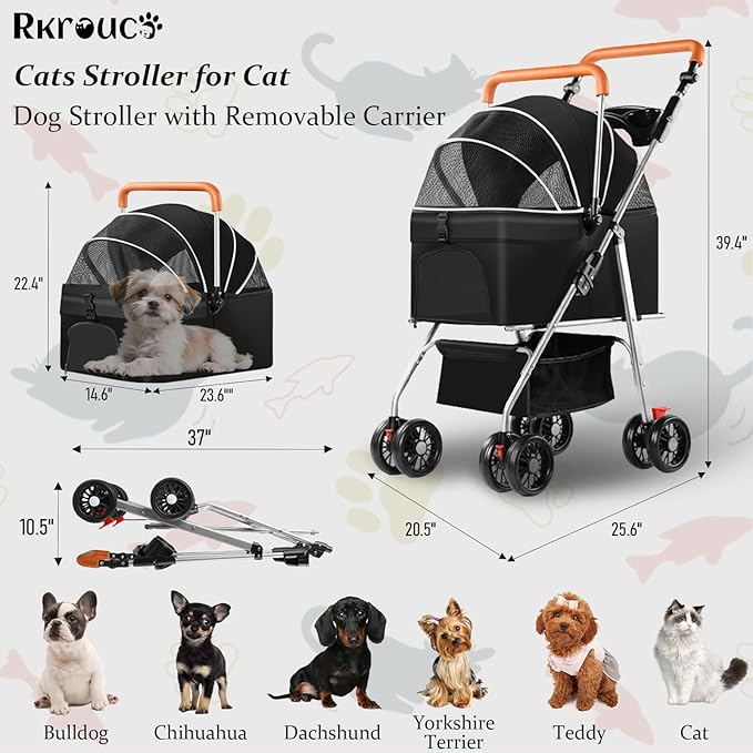 3 in 1 Dog Strollers 4 Wheels Folding Pet Stroller with Detachable Carrier Multifunction Portable Dogs Travel Carriers for Medium Small Puppy Kittens(Deep Black)