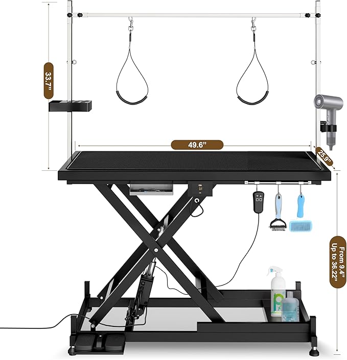 Electric Pet Grooming Table for Large Dogs - Professional Heavy Duty Height Adjustable Pet Grooming Station with Anti Slip Tabletop, Two Nooses & Tool Organizer, Maximum Capacity Up to 250 lbs Black