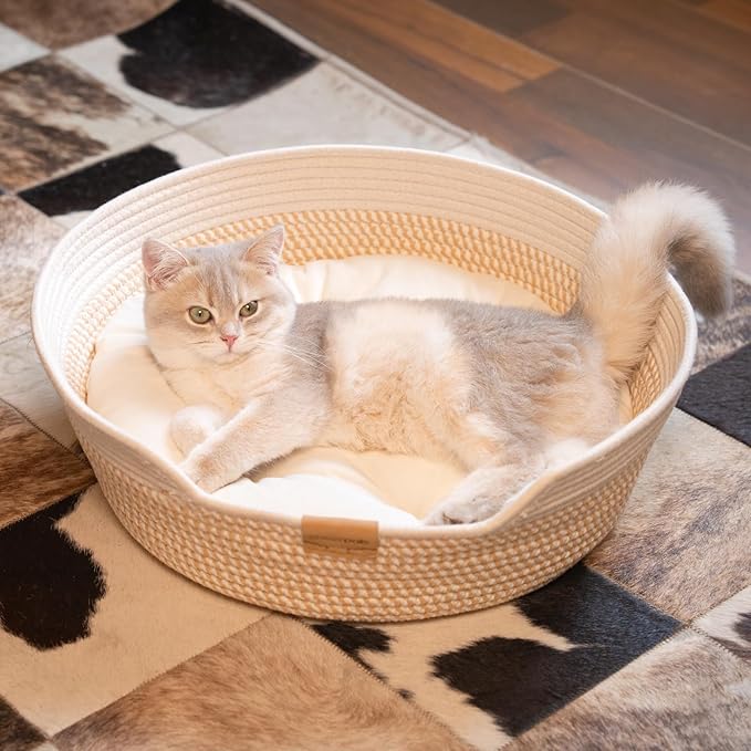 CHEERHOME PETS Cat Bed Basket with Cushion, Cute Pet Bed for Indoor Cats Couch, Kitten Bed for Medium and Large Cat, All Season Universal (White)