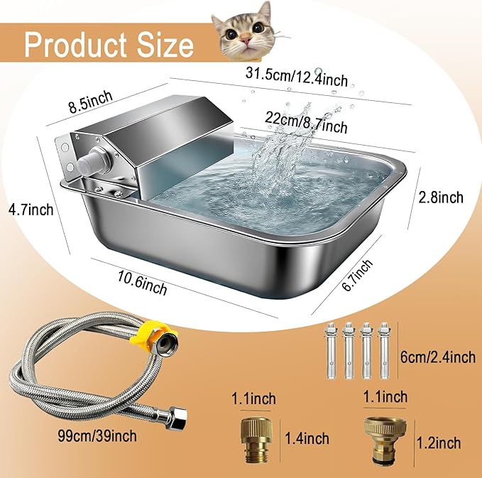 Automatic Water Dispenser for Dogs, 3L 304 Stainless Steel Dog Water Feeder Bowl Dispenser for Indoor/Outdoor, Auto-Fill Waterer for Pets & Livestock, Anti Tip, Water Auto Fill, Fit GHT 3/4" Faucet