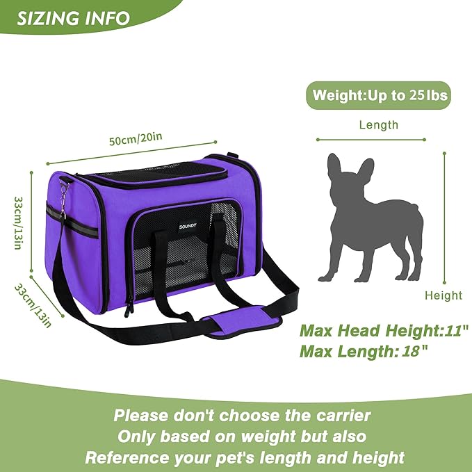 Soundy Large Cat Carrier Dog Carrier Under 25 Lbs,Collapsible Ventilated Portable Pet Bag with Soft Sided Breathable Mesh for Long Car Trips Maxi Load 2 Kittens or Small, Medium Dog (Large Purple)
