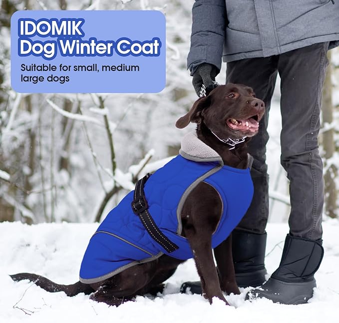 IDOMIK Dog Winter Jacket, Adjustable Waterproof Dog Warm Coat with Fleece Lining, Turtleneck Windproof Cold Weather Coats for Winter, Reflective Warm Snow Jacket for Border Collie Husky,Blue,L