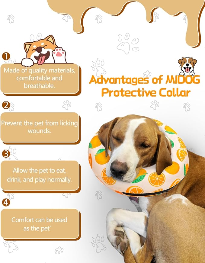 MIDOG Inflatable Dog Cone Alternative for After Surgery - Soft Protective Donut Collar Prevents Licking, Comfortable Recovery E-Collar Alternative for Small Medium Large Dogs (Orange,L)