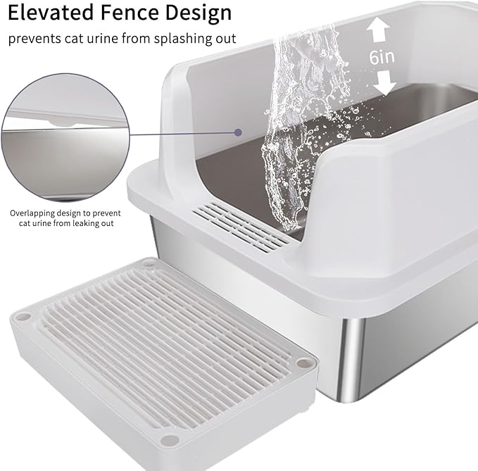 RIZZARI Large Stainless Steel Cat Litter Box: White Open Top Leak-Proof Large Cat Pan - Odor Control for Multi-Cat Homes - Living Room Balcony Use