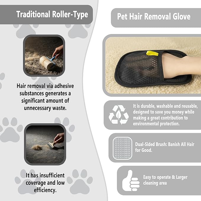 Pet Hair Removal Glove for Dogs & Cats, Reusable Electrostatic Glove for Clothes, Couch,Carpets, Car Seat, Individually Wrapped 1 Pack Black, S