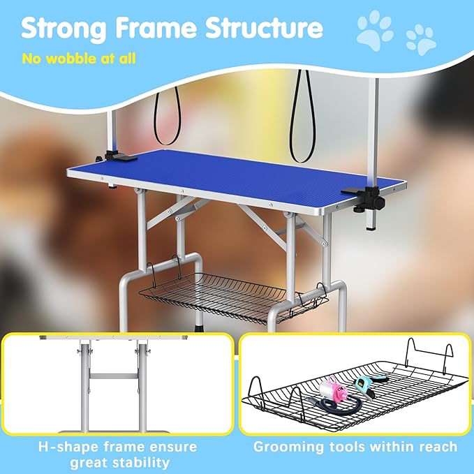 42''Large Dog Grooming Table, Adjustable Cat Drying Desktop with Arms, Nooses, Mesh Tray, Foldable Pet Station at Home, Maximum Capacity Up to 330Lb, 42inch, Blue