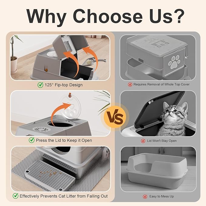 Stainless Steel Litter Box with Lid, XL Extra Large Litter Box, Enclosed Top Entry Metal Litterbox for Big Cats, Easy Cleaning, Anti-Leakage & High Sided with Mat, Aisle & Scoop, Light Grey