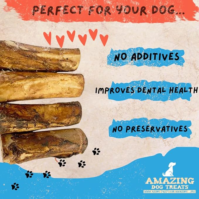 Amazing Dog Treats - 5-6 Inch Meaty Beef Marrow Bones (2 Count) - Long Lasting Dog Chew Bones - Filled Marrow Dog Bone