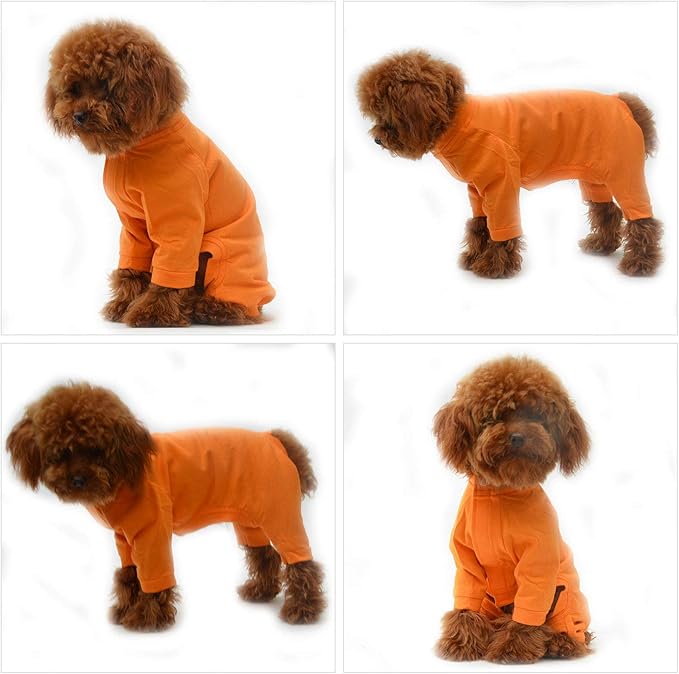 Lovelonglong Four Feet Dog Lightweight Pajamas, Pure Cotton Dog Jumpsuits 4 Legs Dog Onesies T-Shirt Stylish PJS Puppy Costume for Large Medium Small Dogs Orange XS