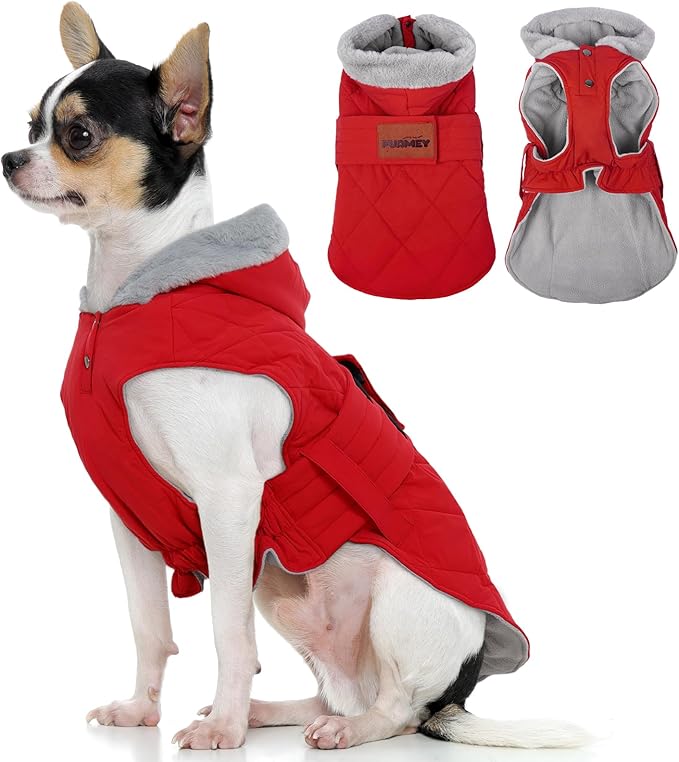 FUAMEY Small Warm Jackets for Dogs, Waterproof Hooded Dog Coats Cold Weather, Sleeveless Vest with Thermal Lining, Pet Clothes Winter Vet Visist, Elastic Doggy Snowsuit (Red, S)