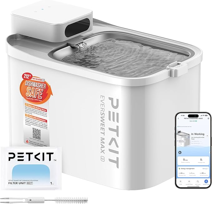 PETKIT Dishwasher Safe Cat Water Fountain, Cordless Automatic Cats Drinking Fountain with Motion Sensor, 101 oz/3L Pet Fountain for Cats Dogs Inside, Smart App Control & Stainless Steel Tray