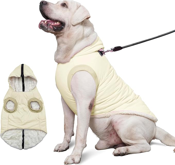 Fleece Lining Dog Hoodie with Harness Built in,Extra Warm Large Dog Jacket in Winter Doggie Coats with Hooded,Light Yellow XXXL