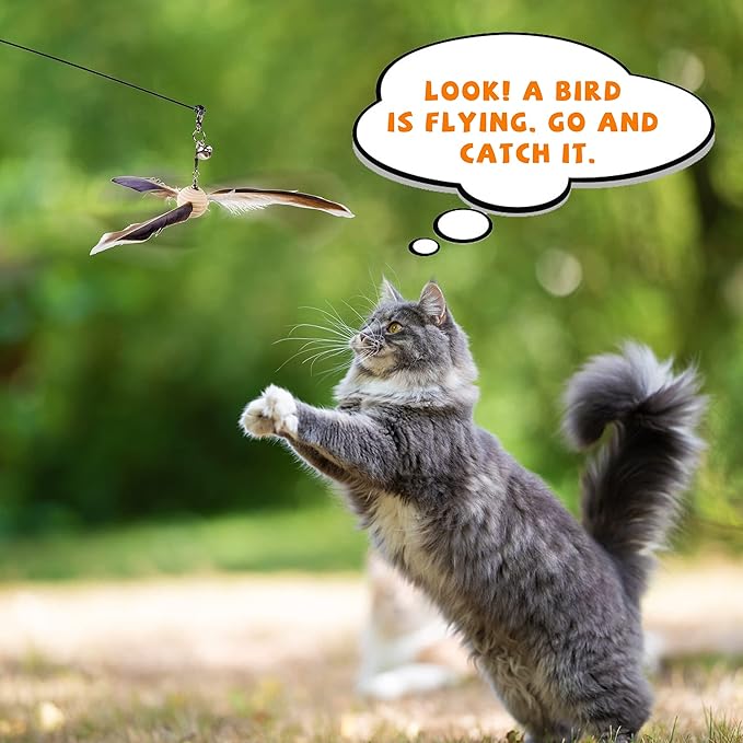 JXFUKAL Cat Wand Toys, Interactive Cat Toys with 3 Feather Refills, 29'' Flexible Steel Wire, Sturdy Wood Handle & Bell for Kitty Kitten, Cat Toys for Indoor Cats Teaser Cat String Toy