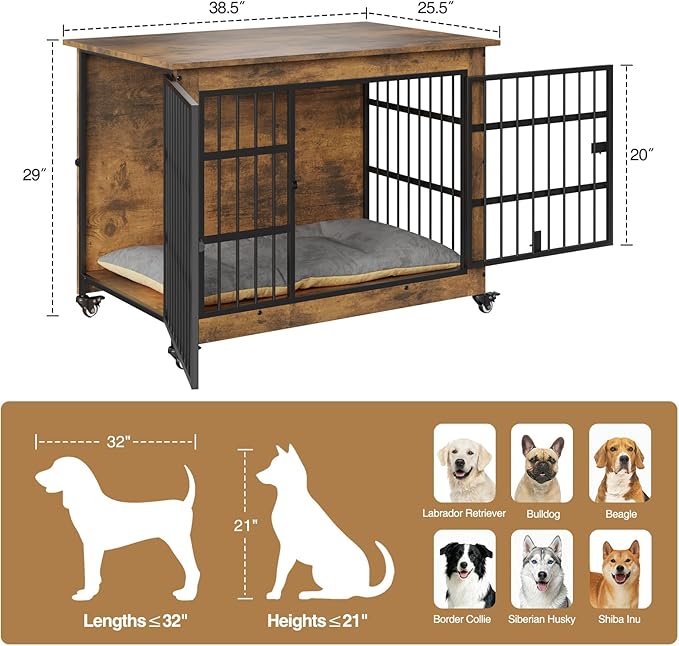 38.5" Dog Crate Furniture with Cushion and Wheels, Wooden Dog Kennel Indoor for Medium/Large Dogs, Farmhouse Pet Cage for Anxiety Dog, Rustic Brown (38.5" L x 25.5" W x 29" H)