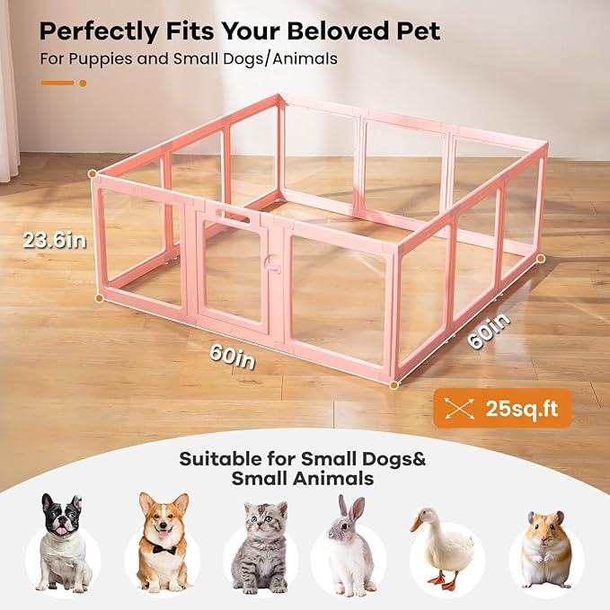 Clear Acrylic Dog Playpen Indoor, Puppy Cat Small Pet Play Pen, Pet Cat Foldable Playpen for Rabbits, Dog Fence Crate Kennel Whelping Cage (Pink, 12 Panel)