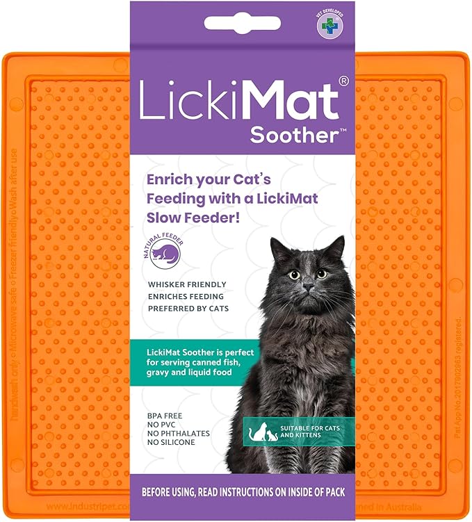 LickiMat Classic Soother, Cat Slow Feeder Lick Mat, Boredom Anxiety Reducer; Perfect for Food, Treats, Yogurt, or Peanut Butter. Fun Alternative to a Slow Feed Cat Bowl or Dish, Orange
