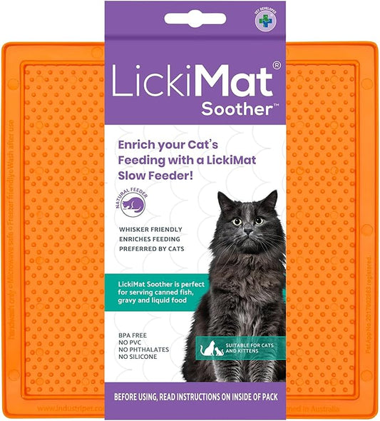 LickiMat Classic Soother, Cat Slow Feeder Lick Mat, Boredom Anxiety Reducer; Perfect for Food, Treats, Yogurt, or Peanut Butter. Fun Alternative to a Slow Feed Cat Bowl or Dish, Orange
