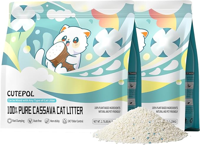Cassava Clumping Cat Litter, Non Sticking, Rapid Clumping, Water Absorbent, Dust-Free, 5.5lb (2 Pack of 2.75lb Bags)