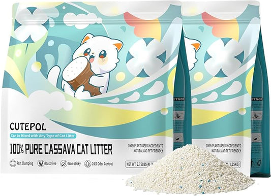 Cassava Clumping Cat Litter, Non Sticking, Rapid Clumping, Water Absorbent, Dust-Free, 5.5lb (2 Pack of 2.75lb Bags)