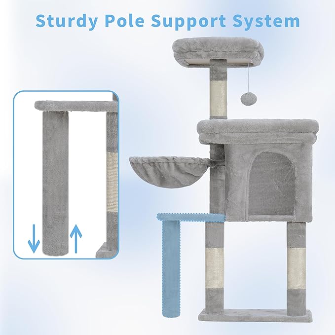Hey-brother Cat Tree Tower, Scratching Posts with Cozy Condo, Padded Bed, Hammock, Plush Perch, Sisal Post and Ball for Indoor Kittens, 44.9 Inches, Light Gray MPJ009SW