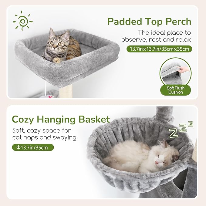 Globlazer Heavy Duty Cat Tree Tower for Large Cats, 68 inch Tall Multi-Level Sturdy Cat Tree Tower for Big Cat with 2 Oversized Condos, 2 Enlarged Perches, 2 Big Hanging Baskets, F68, Light Grey