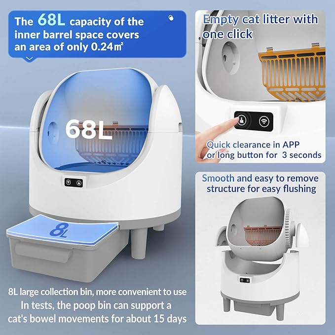 Self Cleaning Litter Box, Cat Litter Box Automatic Cleaning with APP Control, Eco-Friendly Odorless Waste Treatment with Bags Included, Large Waste Bin, Open-Top