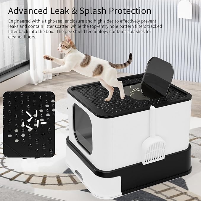 RIZZARI Stainless Steel Litter Box: Extra Large Design Prevents Leaks - Black Enclosed Cat Pan - with Deodorizer for Cats Under 25 lbs - Bathroom Balcony Use