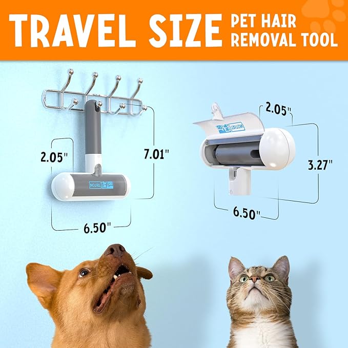 Triton Travel Pet Hair Removal Tool - Compact w/Removable Handle - Portable Reusable Lint Roller Cat and Dog Hair Remover Roller for Couch, Car, Clothes, Fur Cleaner for Quick Cleaning (Gray/White)