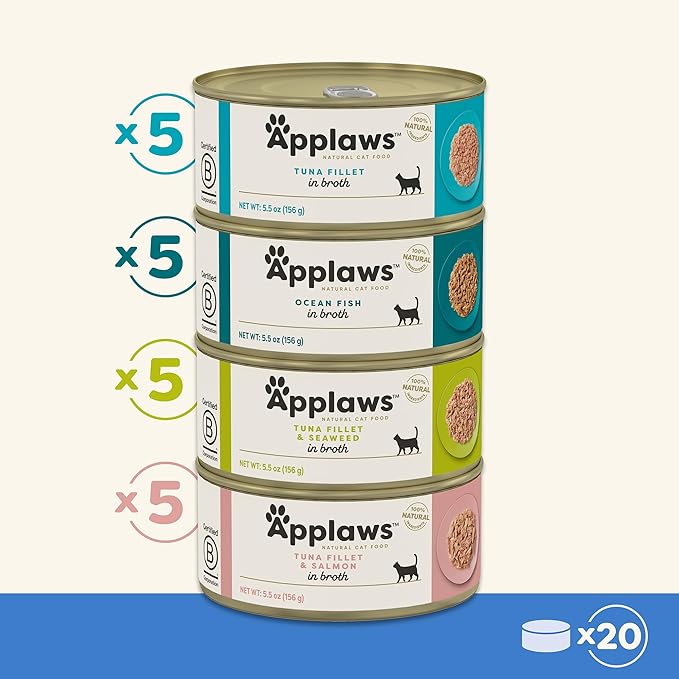 Applaws Natural Wet Cat Food in Broth, Limited and Natural Ingredients, High Protein with No Artificial Additives, Fish Selection in Broth Cans (20 x 5.5 oz Cans)