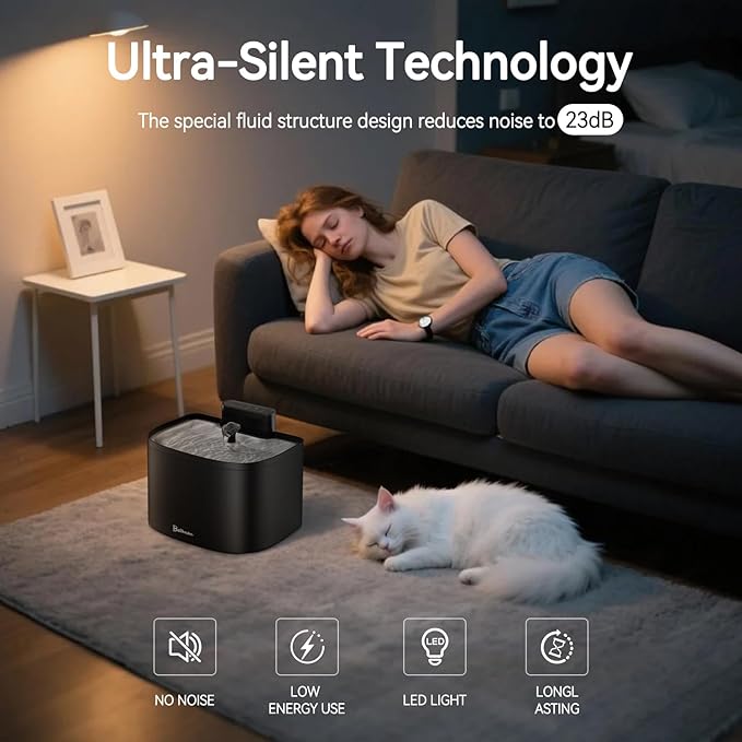 Cat Water Fountain, 122oz/3.6L Pumpless Wireless Cat Fountain, Cordless Water Fountains for Cats Indoor, Dog Pet Water Fountain Battery Operated with Stainless Steel Tray (Black, Fountain+8 Fliters)