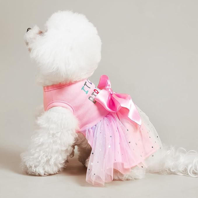 PUPTECK Print Dog Dress Pet Apparel for Birthday with Cute Bowtie Puppy Clothes Outfit, L