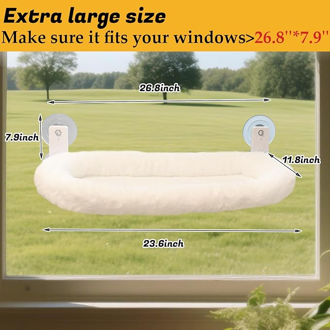 Extra Large Cat Window Perch (23.8×11.8in) - Washable 2-Season Fabric Cover, 4 Strong Suction Cups, Solid Metal Frame - Foldable Cat Hammock for Large Cats/2 Cats, Cordless Design (White)