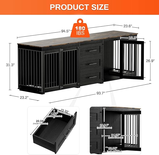 Rophefx 94.5" Dog Crate Furniture for 2 Dogs, Large Dog Kennel Furniture with 3 Storage Drawer, Wooden Dog Cage with 4 Bowls, Indoor Dog House TV Stand with Locks for Large Medium Dog, Black