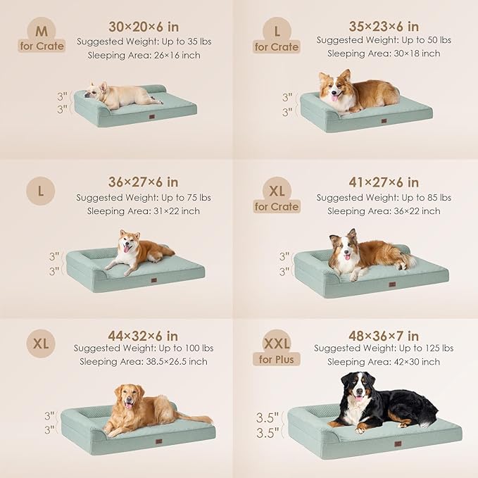 EHEYCIGA Memory Foam Dog Bed Large Sized Dogs, Pet Bed for Large Dog for Crate with Waterproof Liner, Pet Couch Bed Orthopedic with Washable Removable Cover, 35x23x6 Inches, Greyish Green