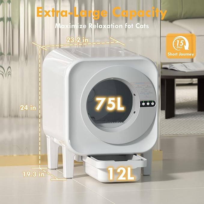 Self Cleaning Litter Box - Large Capacity Automatic Cat Litter Box for Multiple Cats |Smart App Control,Dual Safety Protection Robot,Odor Eliminator, 2 Roll of Garbage Bags,Silver