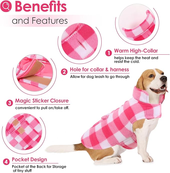 AOFITEE Dog Coat Plaid Dog Winter Coat for Large Dogs, Warm Dogs Jacket Christmas Sweater, Waterproof Pet Puffer Jacket, Reversible Pet Cold Weather Coats for Small Medium Large Pets, Pink XXXL