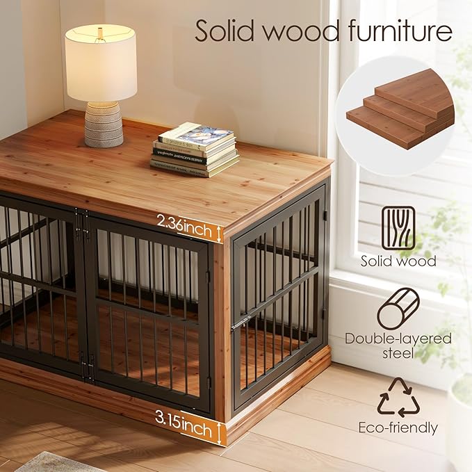 48 in Dog Crate Furniture for Dogs- Solid Wood Large Dog Crate Sideboard and TV Stand, Large Wood Kennel-((Brown+Black)