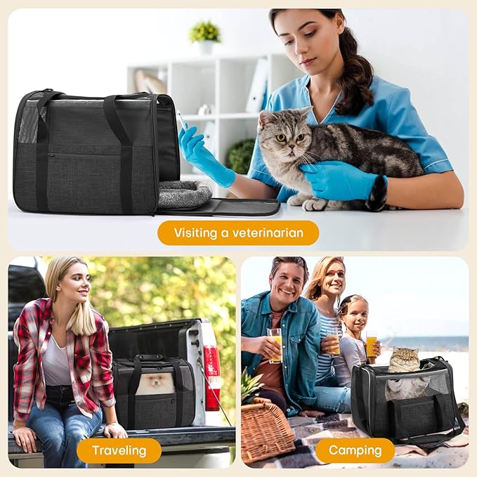 Cat Carrier Soft-Sided for Large Cats, Dog Carriers for Small Dogs, Airline Approved Pet Travel Carrier for Cats Puppies up to 16Lbs with Safety Zippers Foldable Bowl, 18x12.5x14.2, Black