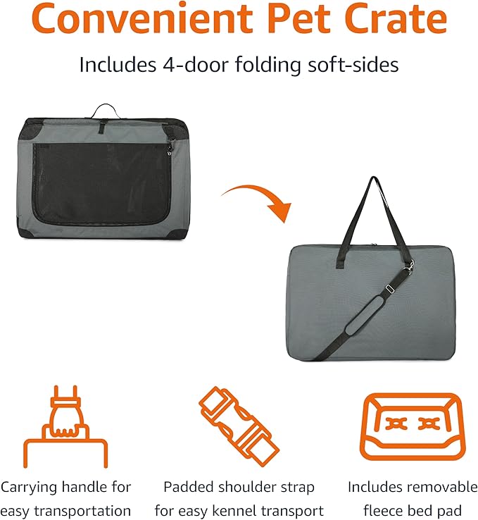 Amazon Basics 4-Doors Portable Soft-Sided Folding Travel Crate Kennel for cat, Dog, and Other Small Animals, Grey, L 36" x 24" x 24"