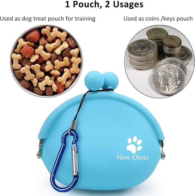 New Oasis Dog Treat Pouch, 10oz Small Portable Silicone Dog Training Pouch Reusable Dog Treat Bag with Carabiner Key Case Silicone Coin Pouch, Blue
