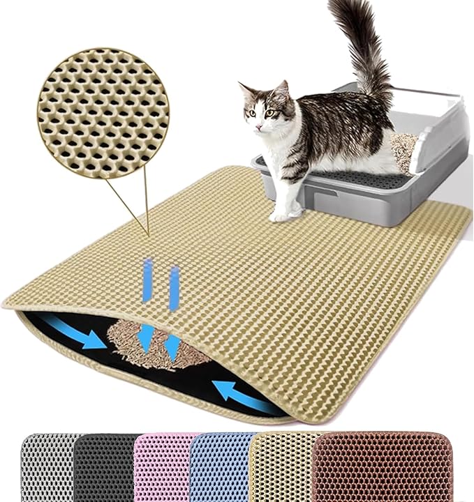 Cat Litter Mat, 24x18 Inches Large Double Layer Honeycomb Cat Litter Trapping Mat, Non Slip Waterproof Urine Proof Cat Litter Box Mat for Floor, Kitty Litter Rug, Cat Supplies, Beige