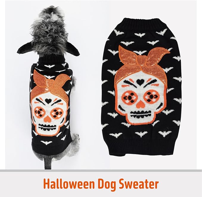 FOFOS Halloween Dog Sweater Skeleton, Acrylic Knit Dog Pullover Lightweight Dogs Halloween Clothes for Small Medium Puppies, Black, S